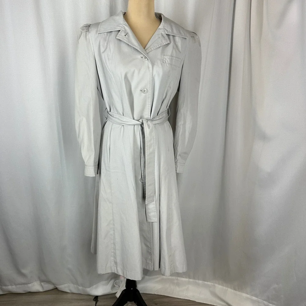 Vintage Light Gray Trench Coat Dress Size 10 Belted Pleated‎ Midi Coat READ